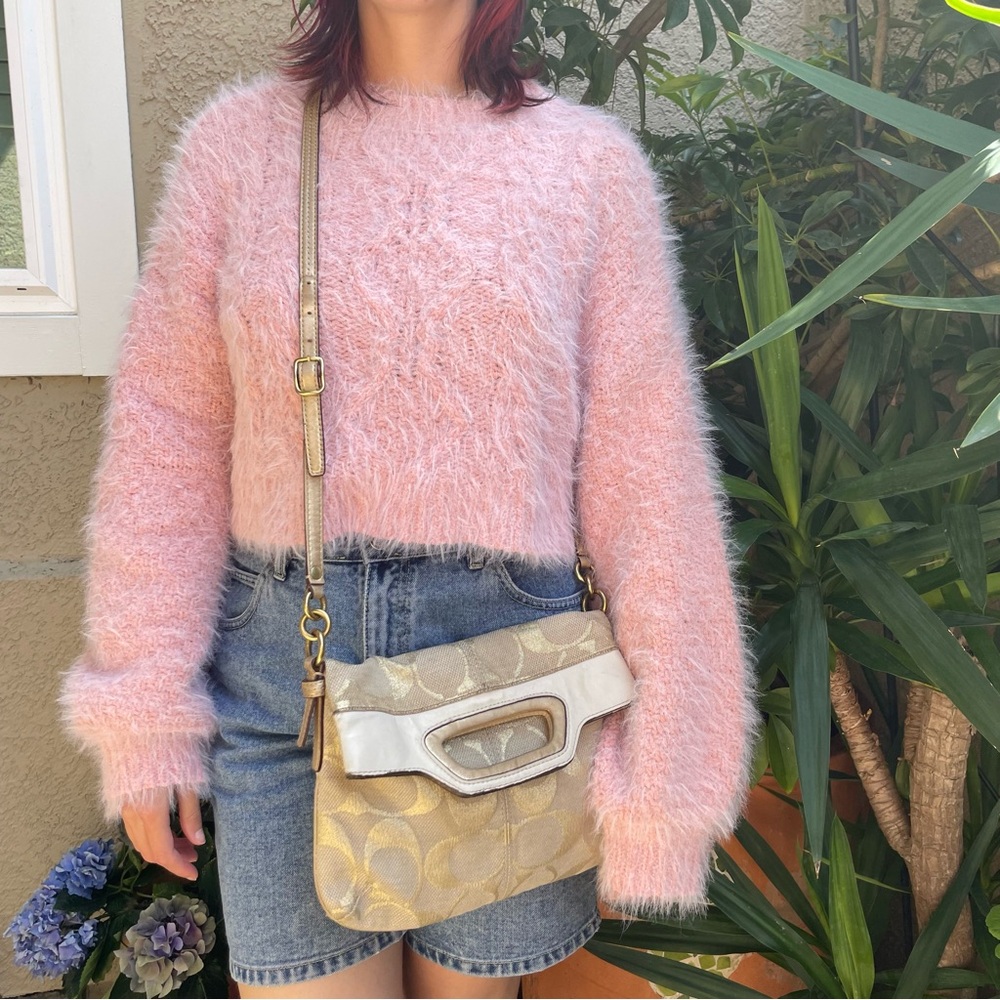 Vintage Coach Gold and Cream Canvas/Leather Crossbody Bag